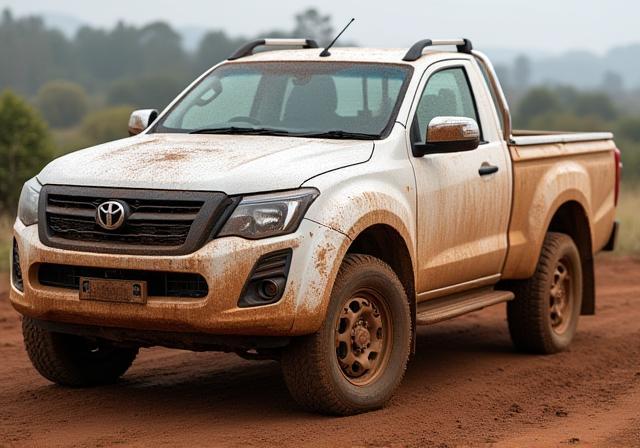 Before: mud-covered white ute