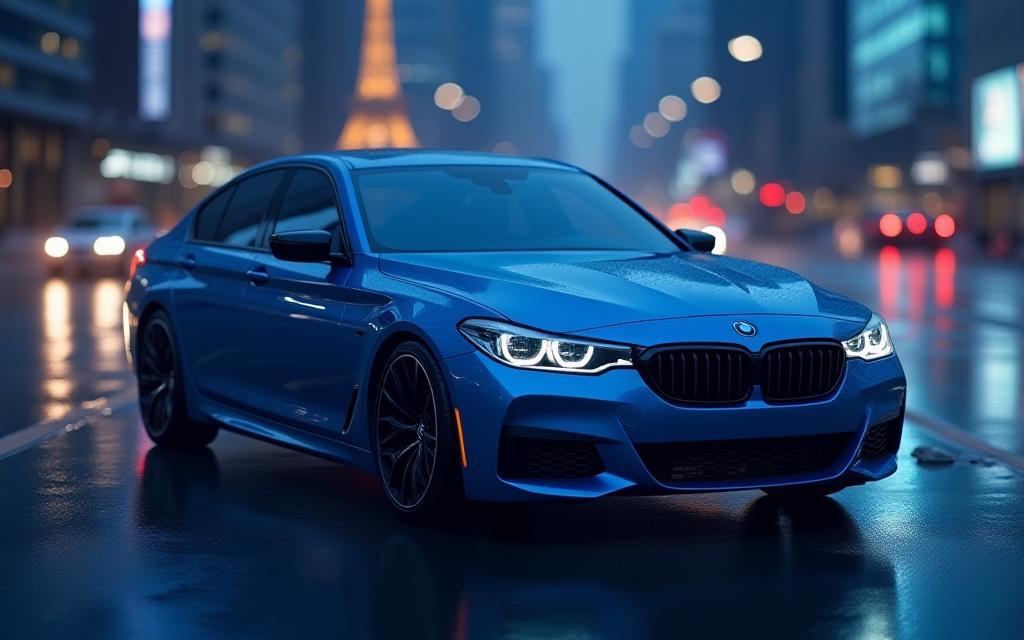 Pristine blue sedan reflecting city lights after detailing