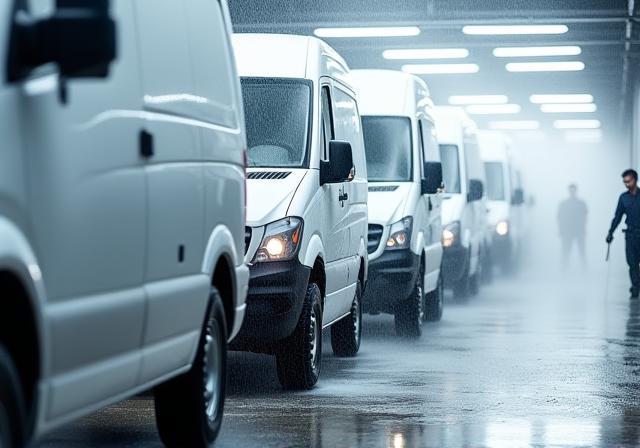 Row of company vans receiving simultaneous washes