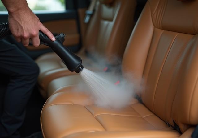 Technician steam-cleaning a tan leather interior