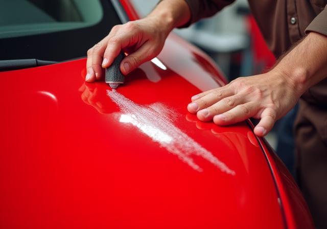 Technician applying paint sealant on a red coupe